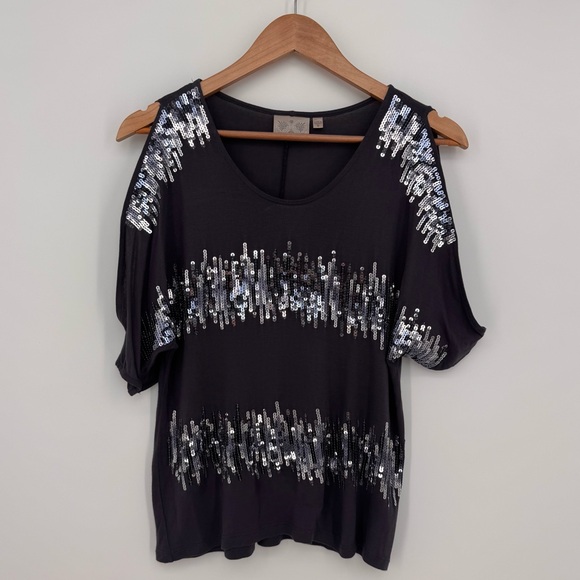 Dantelle Tops - Dantelle Cold Shoulder Sequin Top Gray Size Small